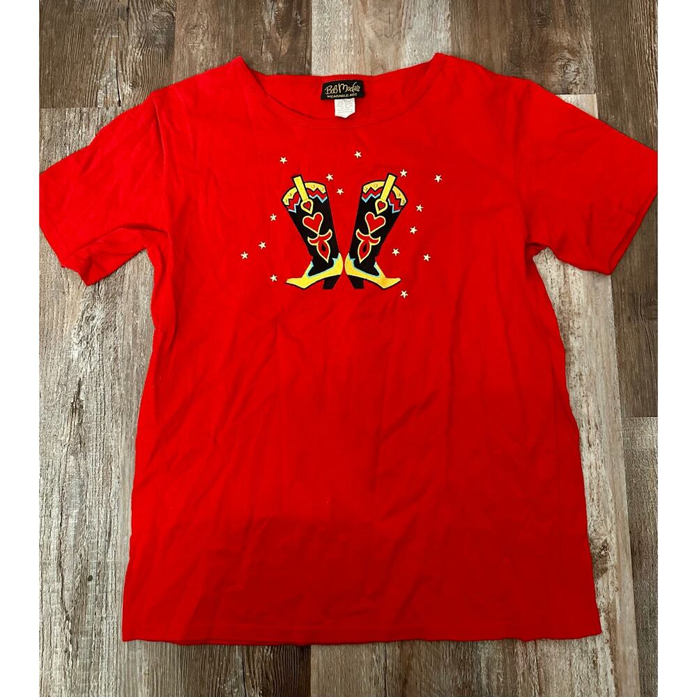 Bob Mackie Vintage Cowgirl Boots T Shirt Art Red Embroidered Size M VTG